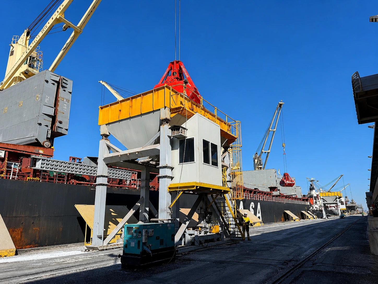 Bulk cargo vessel unloading material through hoppers and cranes at an Australian port