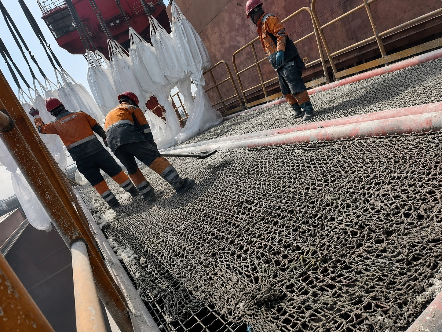 Workers inspecting bulk cargo at a vessel screening area