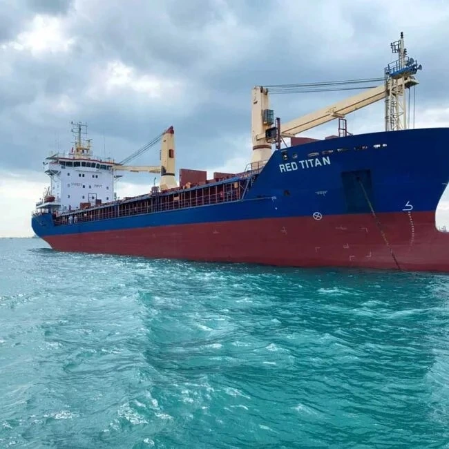 Bulk cargo vessel transporting goods at sea