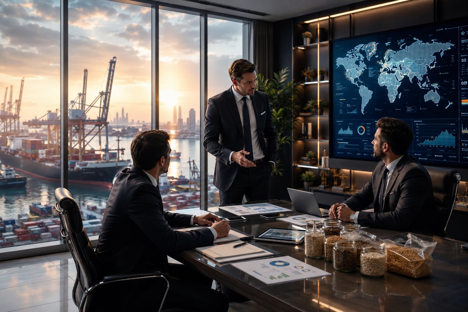 International fertilizer trading team coordinating global supply chains